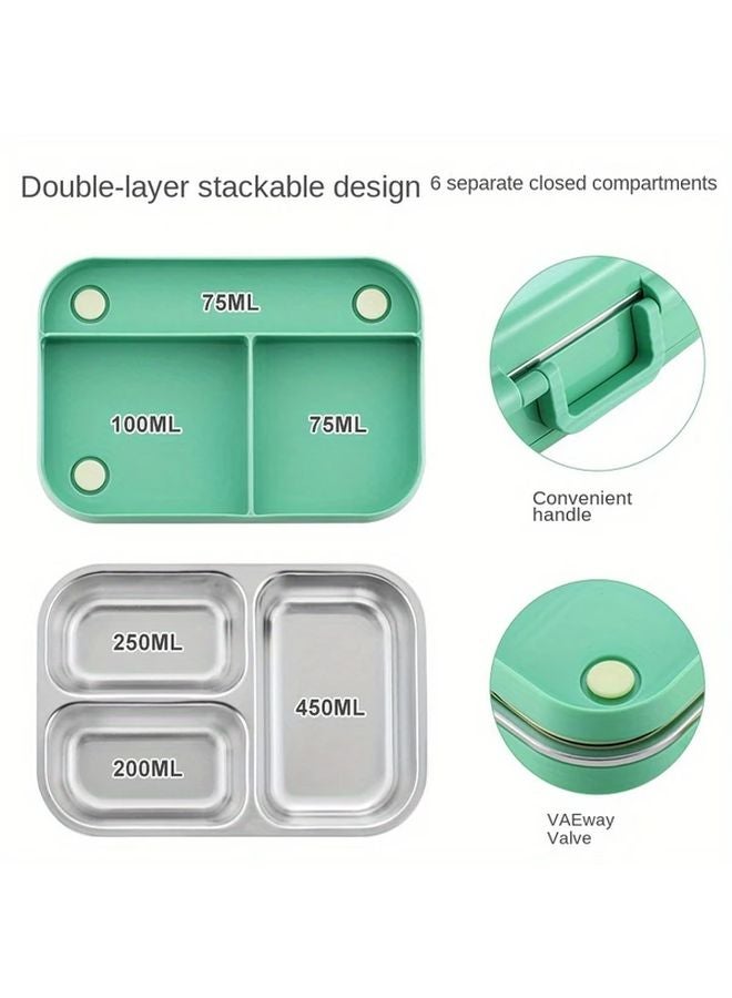 Green Stainless Steel Insulated Lunch Box 3 Compartments Sealed For Students Adults - Image 2